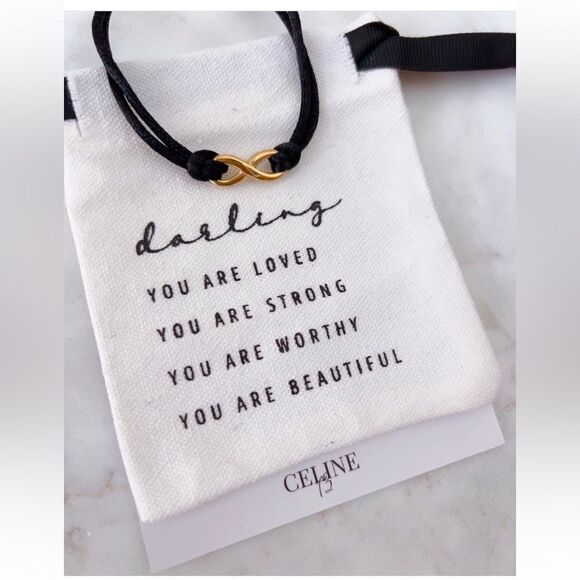 CELINE13 Women’s Black String Bracelet with Titanium Steel Infinity Charm +Pouch - Picture 1 of 3